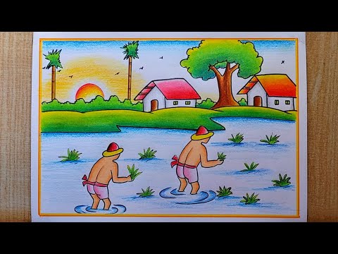 How to draw easy Scenery drawing| Paddy Field With Farmer Scenery drawing| Village Scenery drawing