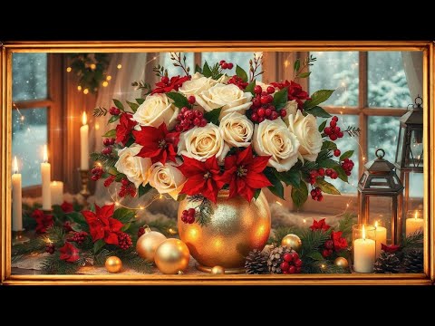 Christmas Greetings | 4K Christmas Floral Art Screensaver | Golden Framed TV Art Screensaver |