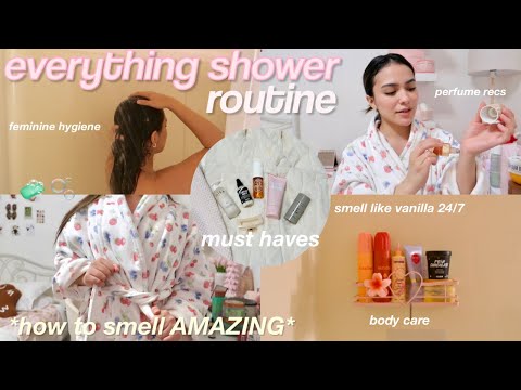 my EVERYTHING shower routine 🫧🎀 tips to smell good all day, vanilla body care, feminine hygiene