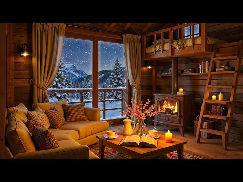 Cozy Winter Cabin Ambience ~ Soft Jazz and Fireplace Sounds with Snowfall Scene for Relaxation