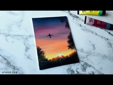 Sunset Sky Painting / Easy Acrylic Painting Ideas for Beginners / Mini Canvas Painting