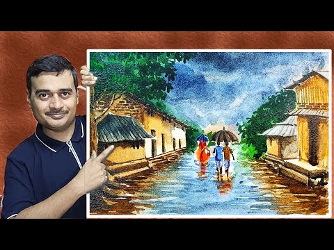 Rainy Season Drawing / Rainy Day Drawing Easy Steps / Rainy Day Scenery Watercolor