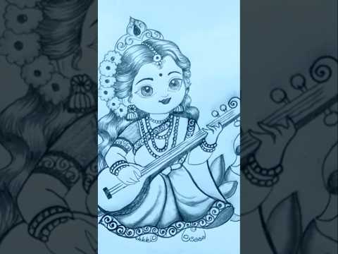 cute Saraswati Maa with Bina Drawing#shorts_ #shortfeed #shorts #saraswatidrawing #basantpanchami