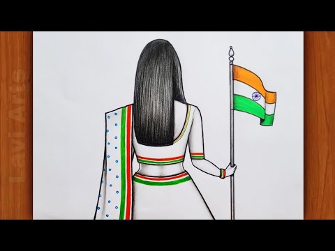 Independence Day Drawing | Independence day drawing Girl backside with flag | 15 August | Pencil