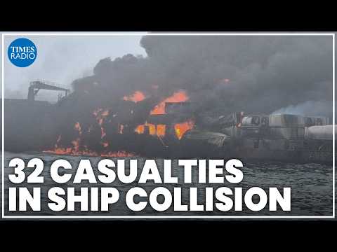 US oil tanker ship carrying jet fuel on fire after collision with a cargo ship