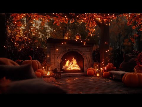 Autumn Jazz & Cozy Porch Vibes 🎃 Pumpkin Carving & Rain Sounds for Relaxation 🍂