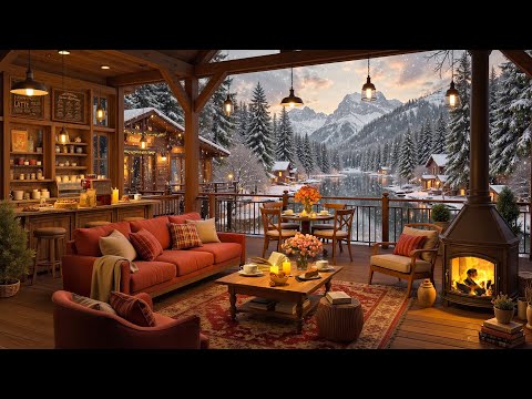 Cozy Winter Coffee Shop Ambience ⛄ Warm Jazz Music and Crackling Fireplace on a Snowy Day for Relax