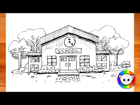 How to draw the school step by step