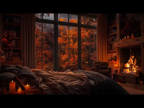 Relaxing Autumn Rainy Day with Soft Jazz Music on Cozy Cabin Ambience 🌧️ Fireplace Sounds for Unwind