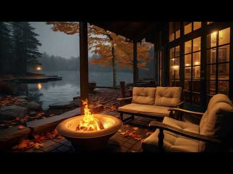 Relieve Stress And Anxiety with Relaxing Sound: Fire & Rain Sound in Lakeside Porch for 24 Hrs