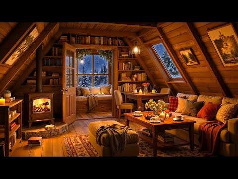 Cozy Reading Nook Ambience 🛖 Soft Jazz with Crackling Fireplace and Snowfall to Work, Relax, Study