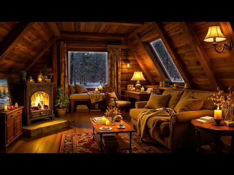 ❄ Cozy Winter Hut Ambience with Relaxing Jazz, Blizzard, Fireplace Sounds & White Noise for Sleeping