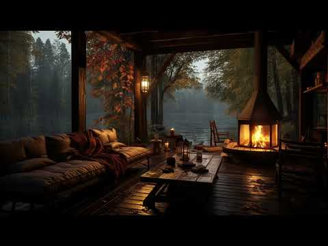 Rain in Cozy Cabin with Warm Fireplace and Gentle Rain on Lakeside to Relaxation, Study and Sleeping