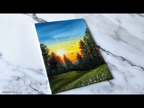 How to Paint a Sunset Scenery / Easy Acrylic Painting Ideas for Beginners / Step by Step Tutorial