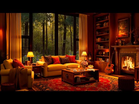 Rainy Day in Cozy Room Ambience ~ Warm Jazz Music ⛈ Rain & Fireplace Sounds for Sleep, Study, Relax