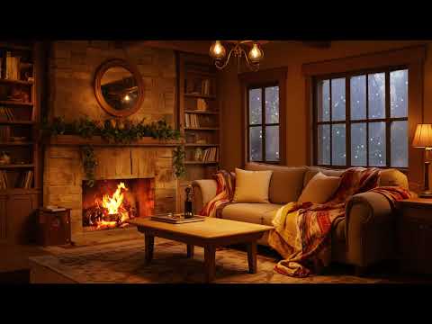 Warm and Cozy Winter Haven: Crackling Fireplace and Snowfall Outside for Relaxation and Comfort