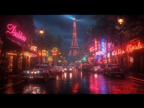 Rainy Parisian Night Drive 🚗 Vintage Swing Jazz, Neon Lights & 1940s Jazz Music