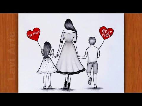 Mothers day Drawing Ideas |  Mother day drawing| How to draw Mother Daughter and son  |