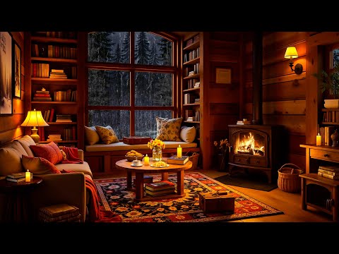 ⛈ Soft Jazz in Cozy Room Ambience with Gentle Night Rain and Crackling Fireplace Sounds for Sleeping