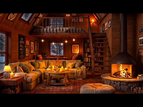 Cozy Cabin Ambience ❄️ Jazz Relaxing Music and Fireplace Sounds to Work, Relax, Study