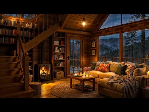 Relaxing Jazz Music & Fireplace Sounds with Rain on Window in Cozy Cabin Ambience to Unwind