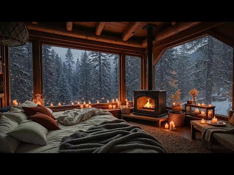 Relaxing Jazz in a Cozy Cabin Ambience – Snow on Window & Gentle Fireplace Crackle