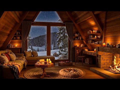 Soothing Jazz & Crackling Fireplace in a Snowy Cabin Ambience for Deep Relaxation