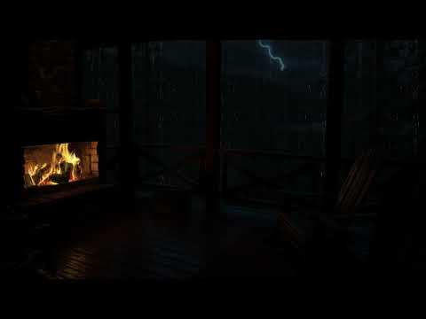 🌲 Cozy Cabin Thunderstorm Night ⚡ Rain, Fire Crackles & Soothing Ambience for Sleep