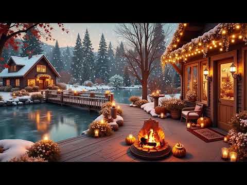 Tranquil Winter Porch ⛄ | Smooth Jazz, Snowfall, and Warm Fireplace Ambience Relaxing Vibes