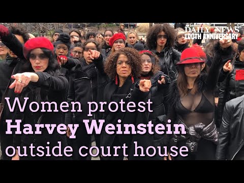 Women sing chant to protest Harvey Weinstein