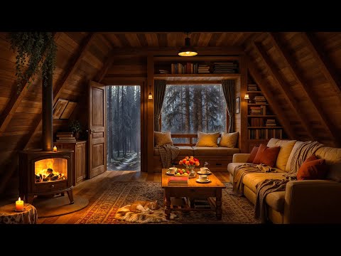 Tranquil Jazz Melody in a Cozy Cabin 🌧️ Rain & Fireplace Sounds for Ultimate Relaxation