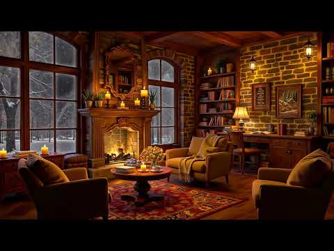 Winter Night in Cozy Cottage Ambience ❄️ Warm Jazz, Blizzard, Wind & Fireplace Sounds for Deep Sleep