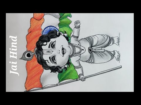 How to draw a beautiful & realistic pencil sketch of lord Krishna holding flag/Kanhaiya/Republicday