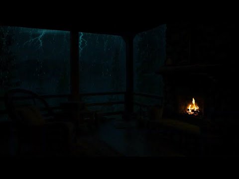 Cozy Balcony Escape🔥Rainy Night, Crackling Fireplace & Soothing Thunderstorm for Healing Sleep 🌧️⚡