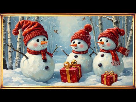 Snowman Art Screensaver with Music | 4K Christmas Art with Music | Gold Frame TV Art |18 Images