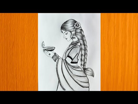 How to draw Girl with Diwali Diya - Diwali Drawing || Pencil sketch for beginner || diwali drawing