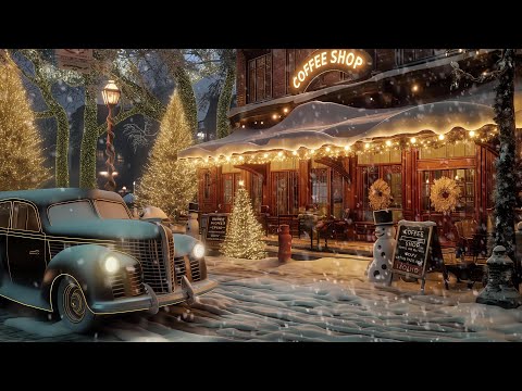 Warm Holiday Jazz Ambience 🎄 Christmas Coffee Shop & Snowy Streets ❄️ Relaxing Night for Winter