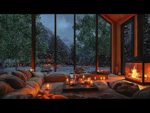 Relaxing Jazz in a Cozy Cabin Ambience – Snowfall on Window & Gentle Fireplace Crackle