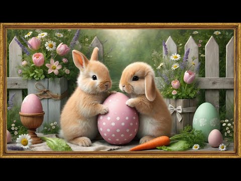 Vintage Easter Bunny Greetings | 4K Gold Framed Easter Art Screensaver | Relaxing Spring Ambience