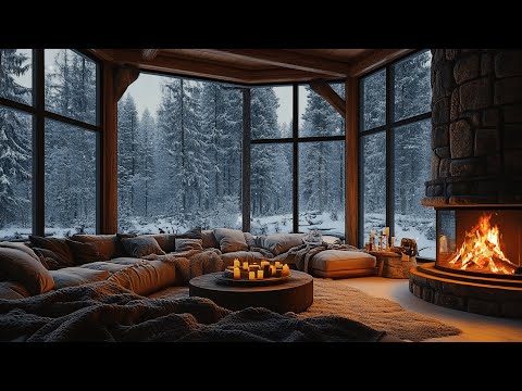 Tranquil Snowy Living Room | Cozy Fireplace Crackles & Soft Snowfall Sounds for Relaxation