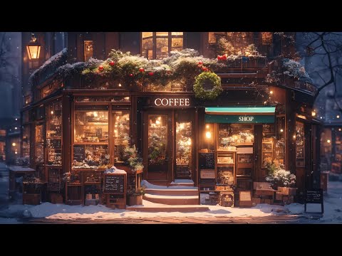 Smooth Jazz Music & Snowfall at Cozy Christmas Coffee Shop Street 🎄 Winter Jazz Music 2025