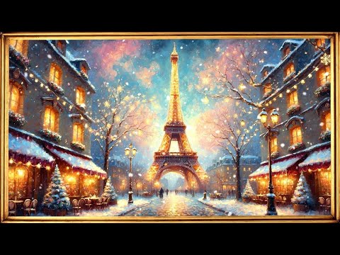 Christmas in Paris | Relaxing Jazz Music, Magical Snowy Evening & Eiffel Tower | 4K Gold Frame Art