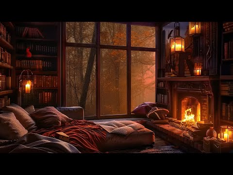 Feeling Autumn Rainy Day at A Cozy Reading Nook with Smooth Jazz Music 🌧️ Fireplace Sound for Sleep