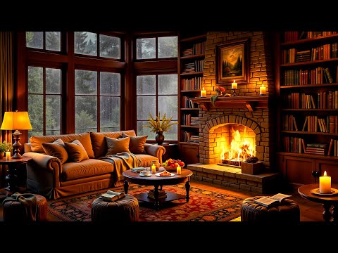 Rainy Day in Cozy Cabin Ambience ⛈ Relaxing Jazz, Heavy Rain & Fireplace Sounds for Stress Relief