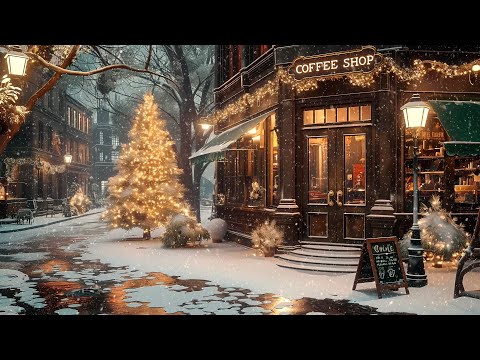 Smooth Jazz Music on Street at Cozy Christmas Coffee Shop | Nightly Snow & Christmas Jazz Music