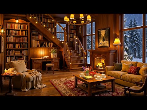 Cozy Winter Cabin ❄️ Soft Jazz & Crackling Fireplace with Rustic Charm & Snowy Forest View to Unwind