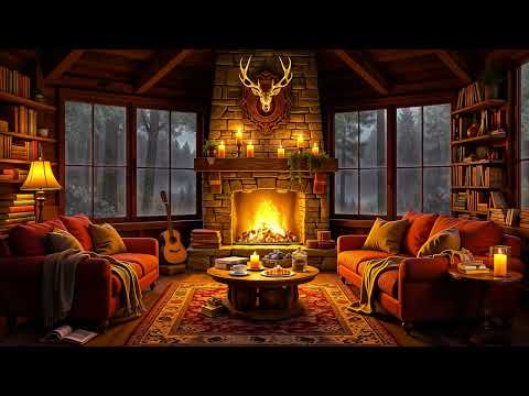 Cozy Room Ambience on a Rainy Day ⛈ Warm Jazz Music with Rain & Fireplace Sounds for Sleep, Relax