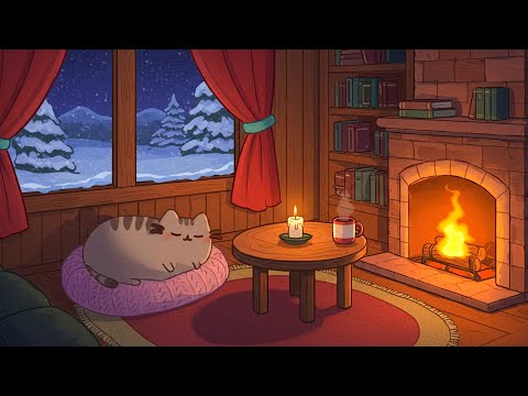 Dreamy Winter Cabin with Pusheen 🔥❄️ Cozy Lofi for Snowy Nights 🌙 Smooth Study Beats