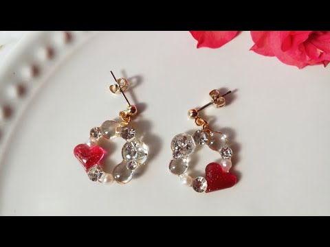 レジン❤フリーハンドで作る！キラキラcute💕ハートのリースピアスの作り方⭐resin/how to make/wreath of heart/earrings❤