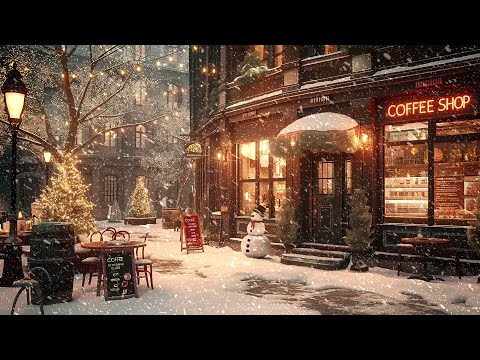 🎄Christmas Jazz Coffee Shop Ambience with Snowy Night in Cozy Christmas Ambience | Smooth Jazz Music